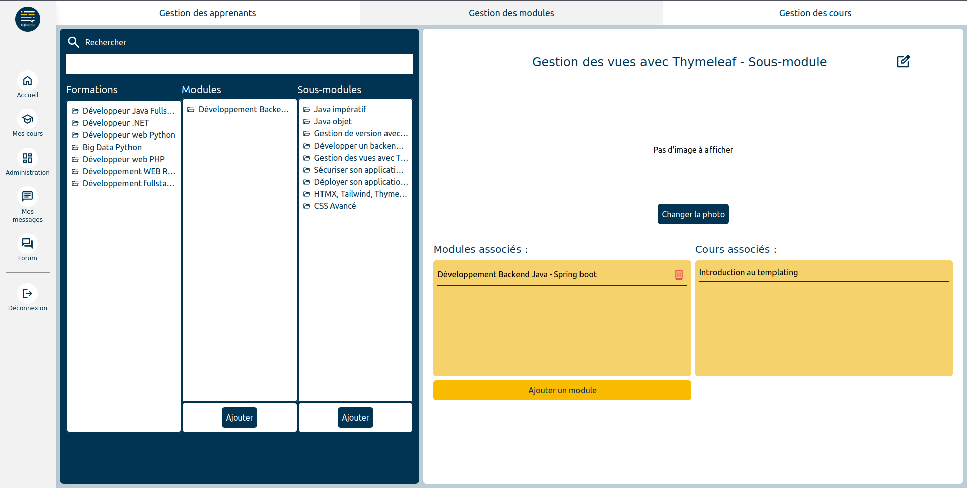 capture d'écran du site présentant une interface d'administration